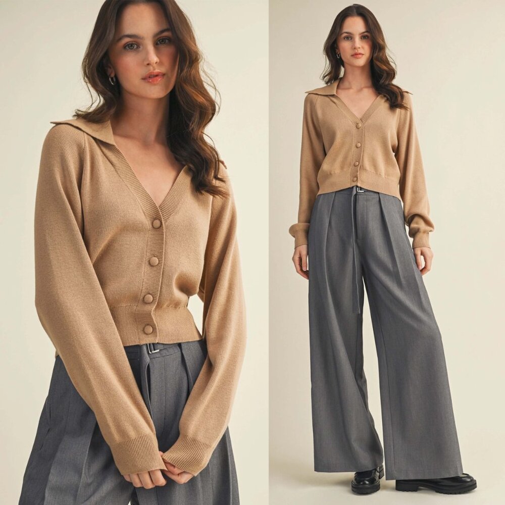 Erika Wide Collar Sweater Cardigan | Women's Tan Button Up Shirt | Beige Neutral